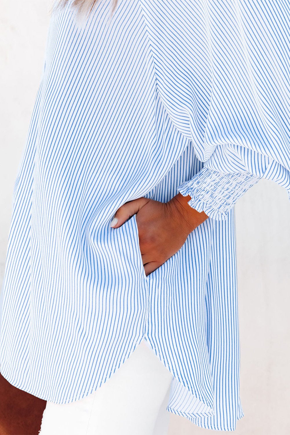 ✨This Week's Special Price $49.99💥Mid-length smocked shirt with striped lapel and oversized drawdown sleeves