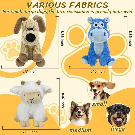 3 Pack Squeaky Stuffed Dog Toys- Indoor Outdoor Playing Toys for Large to Small, Durable Plush Toys to Keep Them Busy- Animal Shape Crinkle Toy