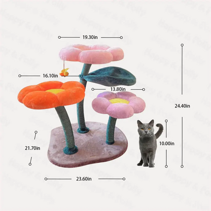 Flower Cat Tree Tower for Multi-Cat Household, Large Floral Platforms for Indoor Cats up to 30lbs with Interactive Bee Toy Scratching Posts