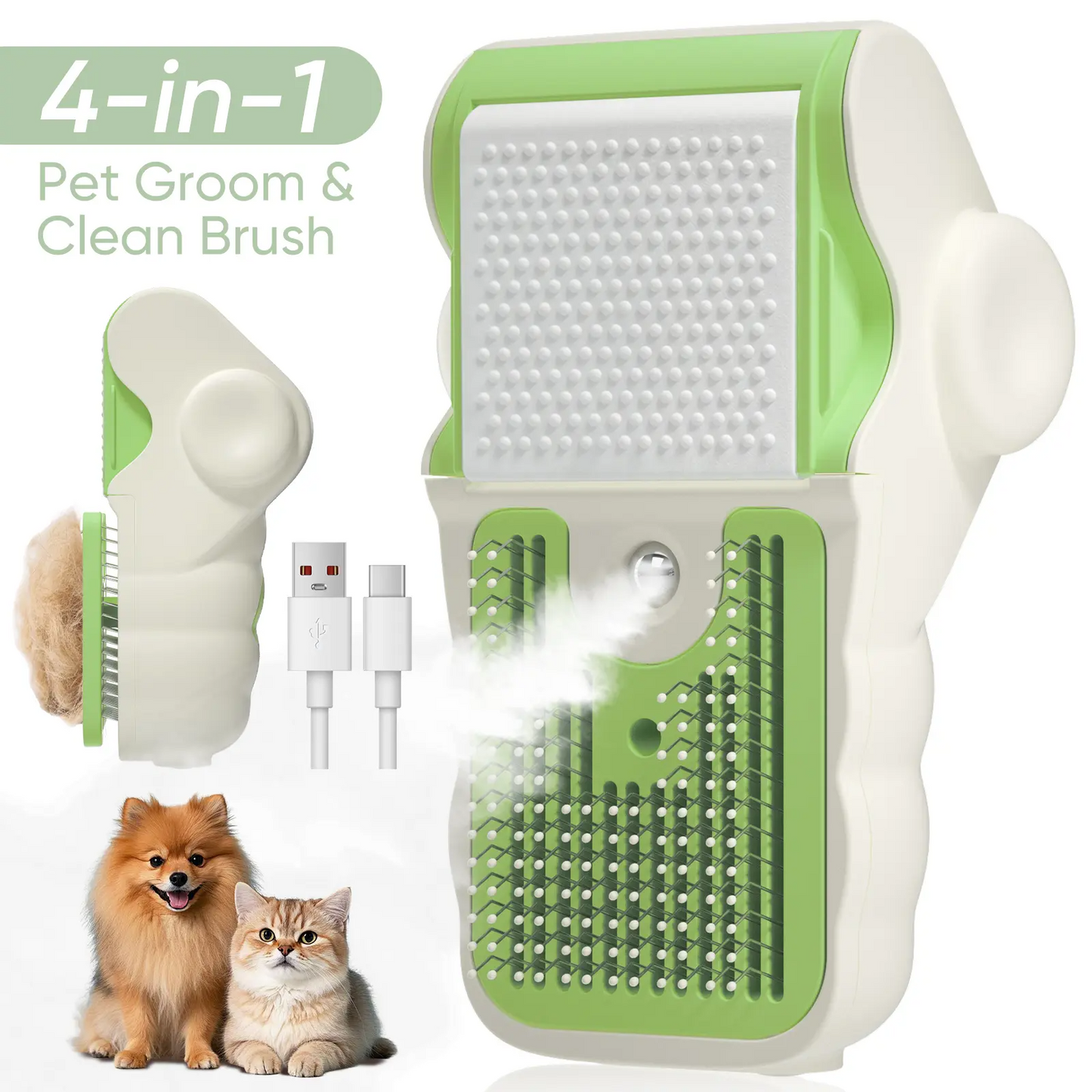 4-in-1 Steam Pet Brush for Dogs & Cats – Self Cleaning Deshedding Grooming Brush with Steam & Wipe Feature