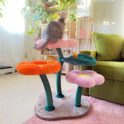 Flower Cat Tree Tower for Multi-Cat Household, Large Floral Platforms for Indoor Cats up to 30lbs with Interactive Bee Toy Scratching Posts