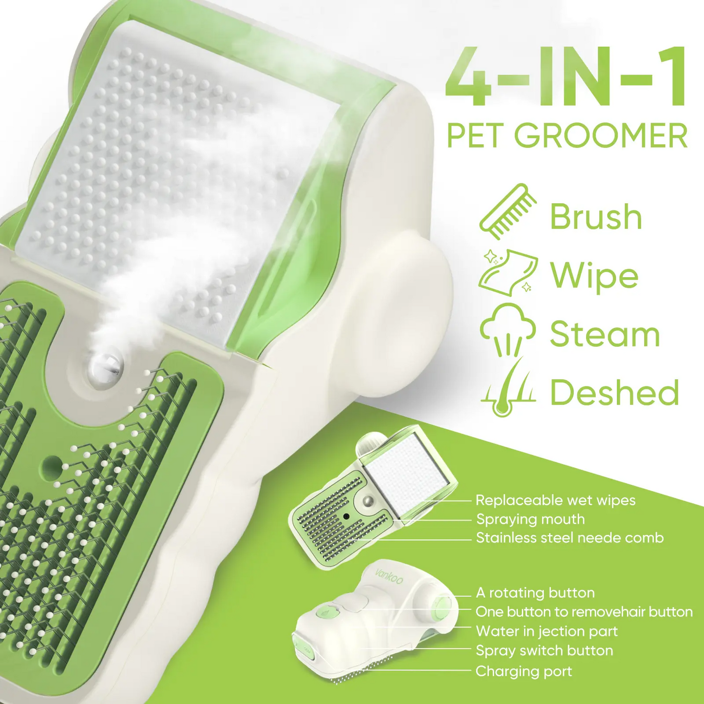 4-in-1 Steam Pet Brush for Dogs & Cats – Self Cleaning Deshedding Grooming Brush with Steam & Wipe Feature