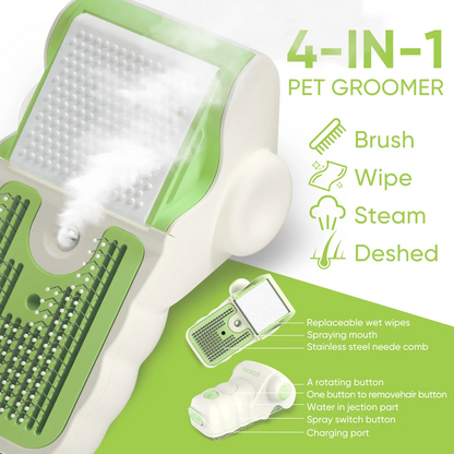 4-in-1 Steam Pet Brush for Dogs & Cats – Self Cleaning Deshedding Grooming Brush with Steam & Wipe Feature