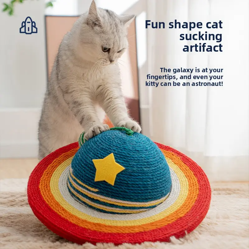 Planet Cat Scratcher - Natural Sisal Rope · Play & Scratch in One · Reinforced Ring| 13.8" Diameter with Hanging Ball