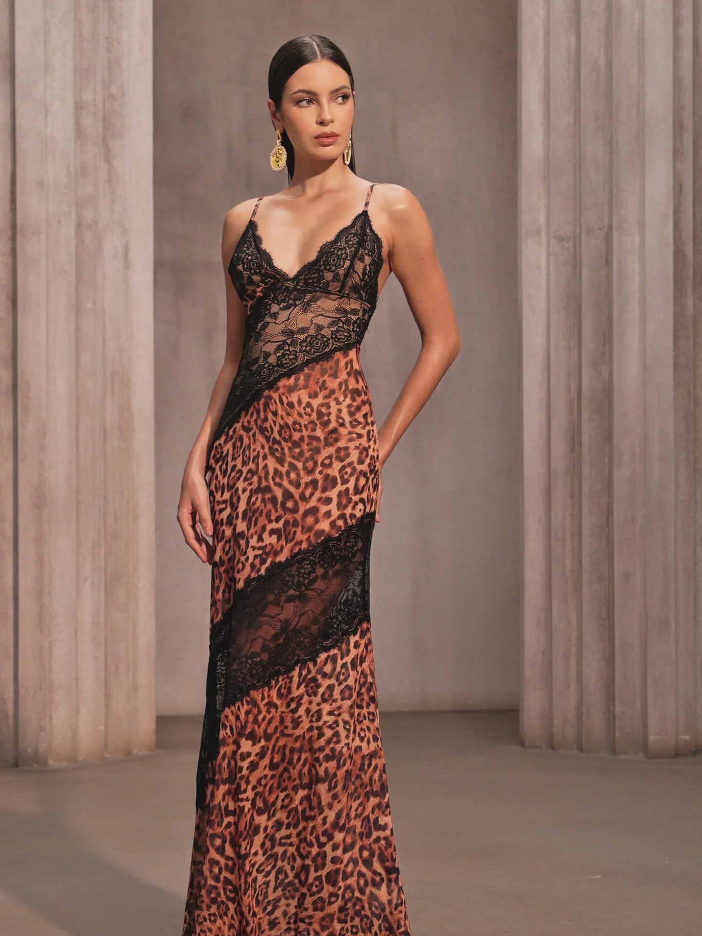 Spaghetti Lace Leopard Maxi Dress In Brown