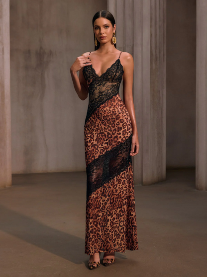 Spaghetti Lace Leopard Maxi Dress In Brown