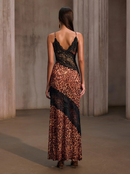 Spaghetti Lace Leopard Maxi Dress In Brown