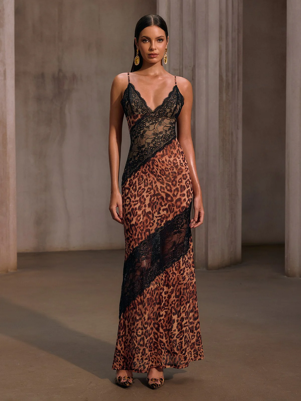 Spaghetti Lace Leopard Maxi Dress In Brown